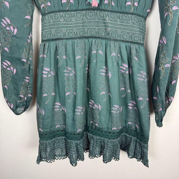 Bell by Alicia Bell Block Print Mini Dress Long Sleeve Green Tassel Tie Boho S - Picture 12 of 12